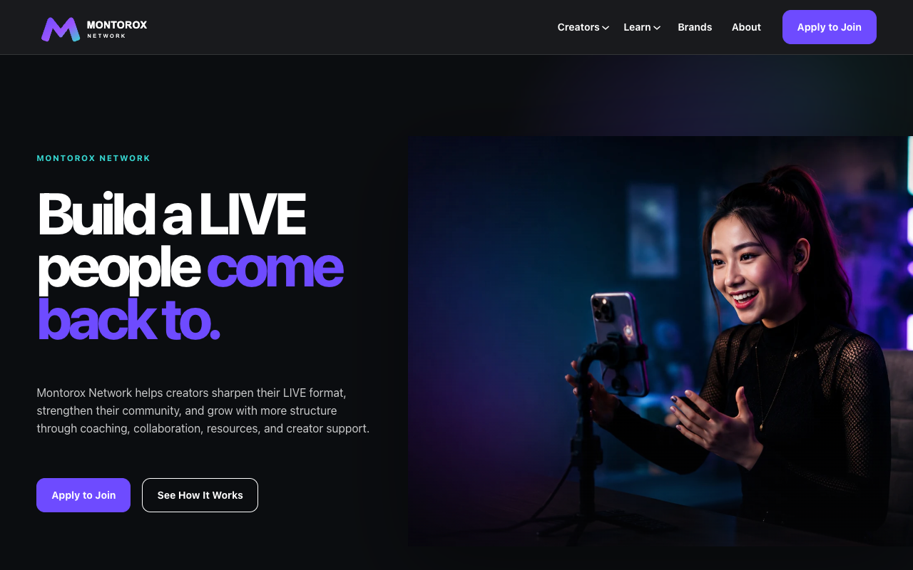 Montorox Network homepage showing its creator development platform