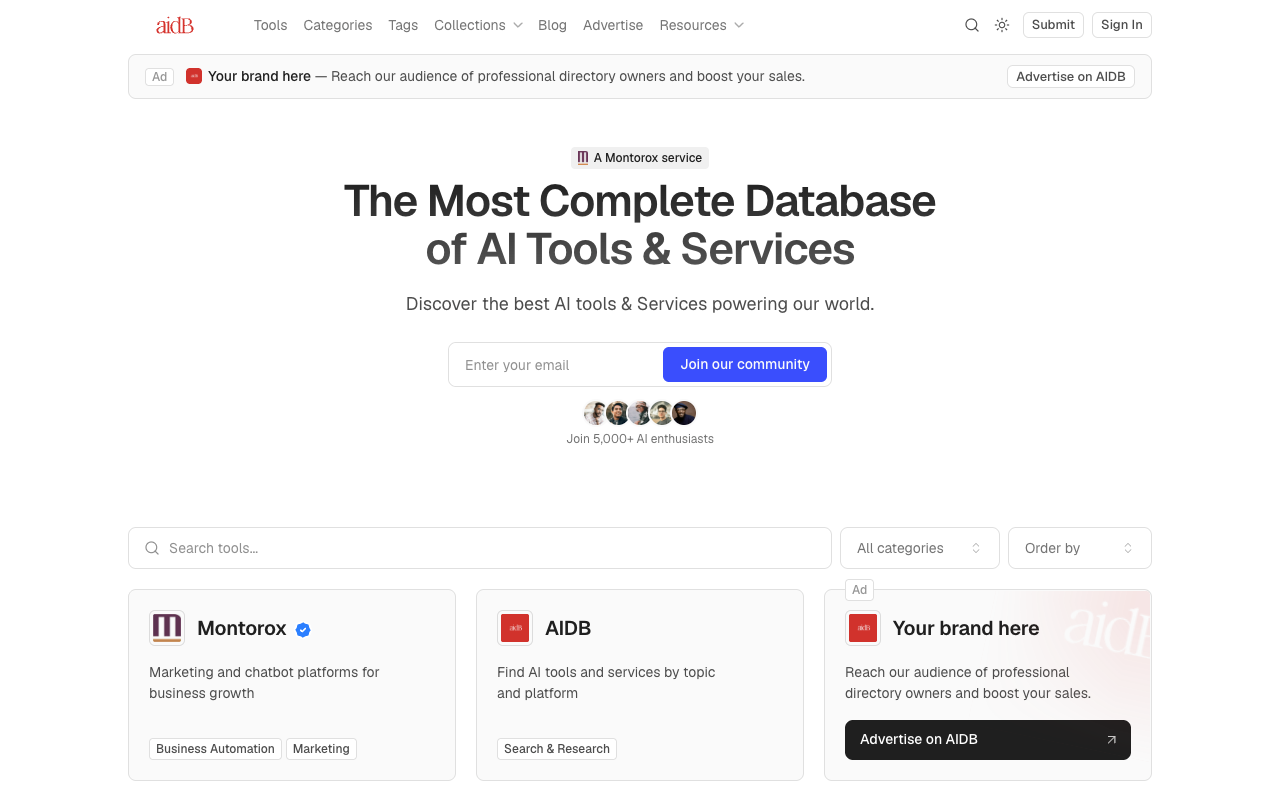 The AIDB homepage showing its AI tools directory and search interface